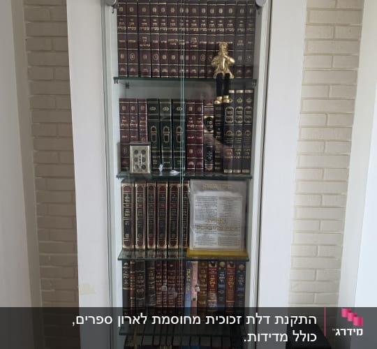 ארון זכוכית עם ספרים ותצוגה דקורטיבית